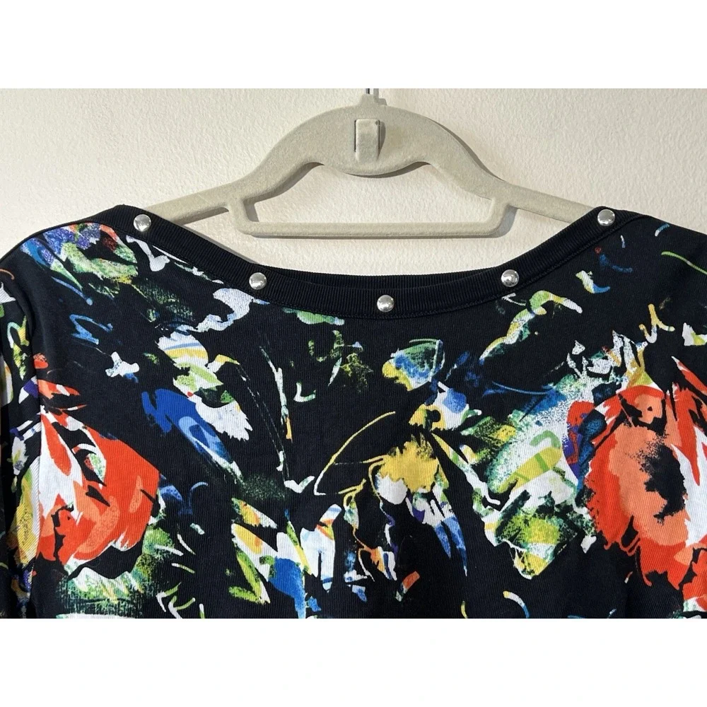 Rafaella Sweater Women XL Floral Studded 3/4‎ Sleeve Ribbed Pullover Black Fall